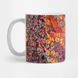 GREENERY,FOREST ANIMALS Pheasant on Fall Tree,Squirrel,Hares,Red Orange Pink Floral Tapestry Mug